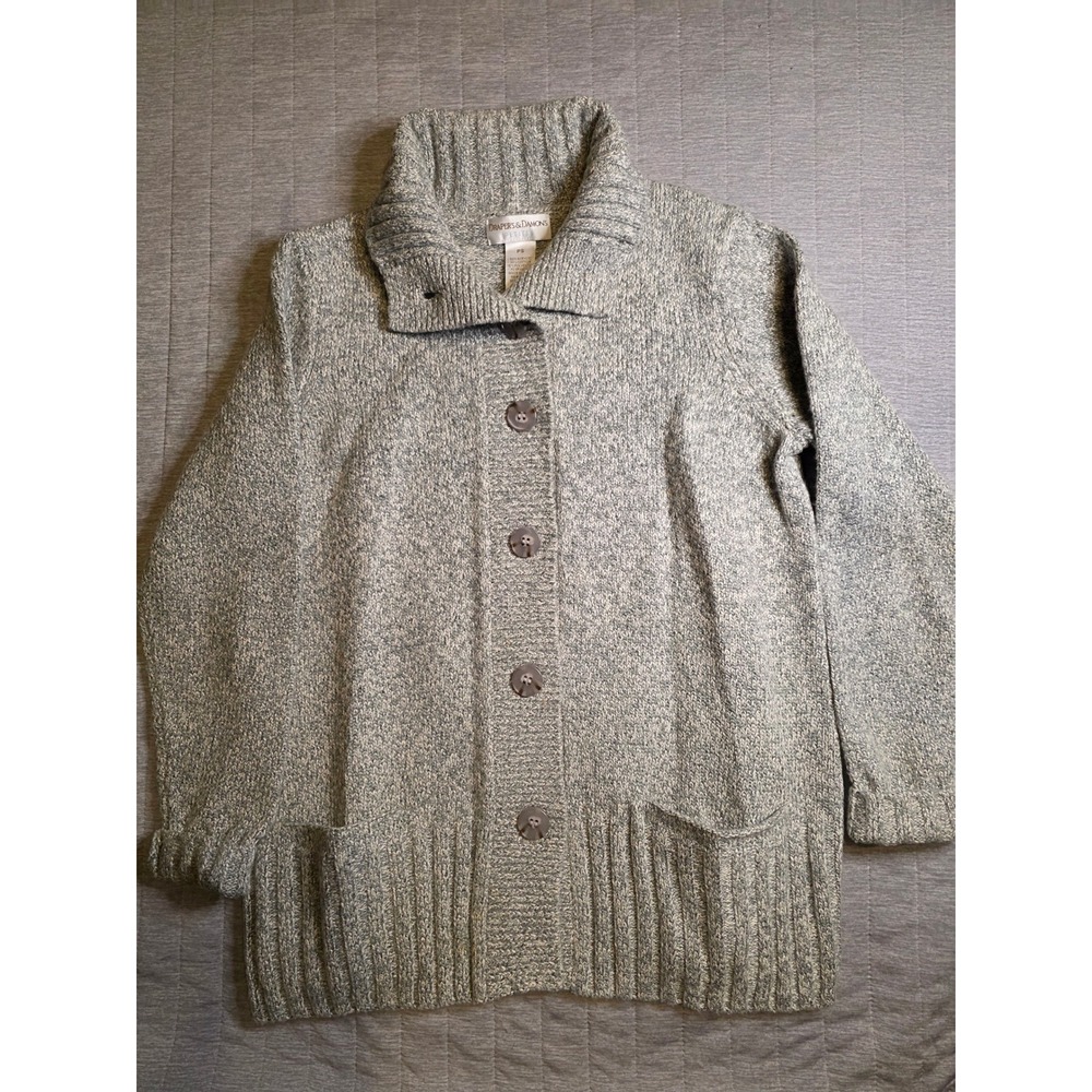 1410 Drapers & Damons Petites Grey Marled Knit Button Front Cardigan Sweater PS